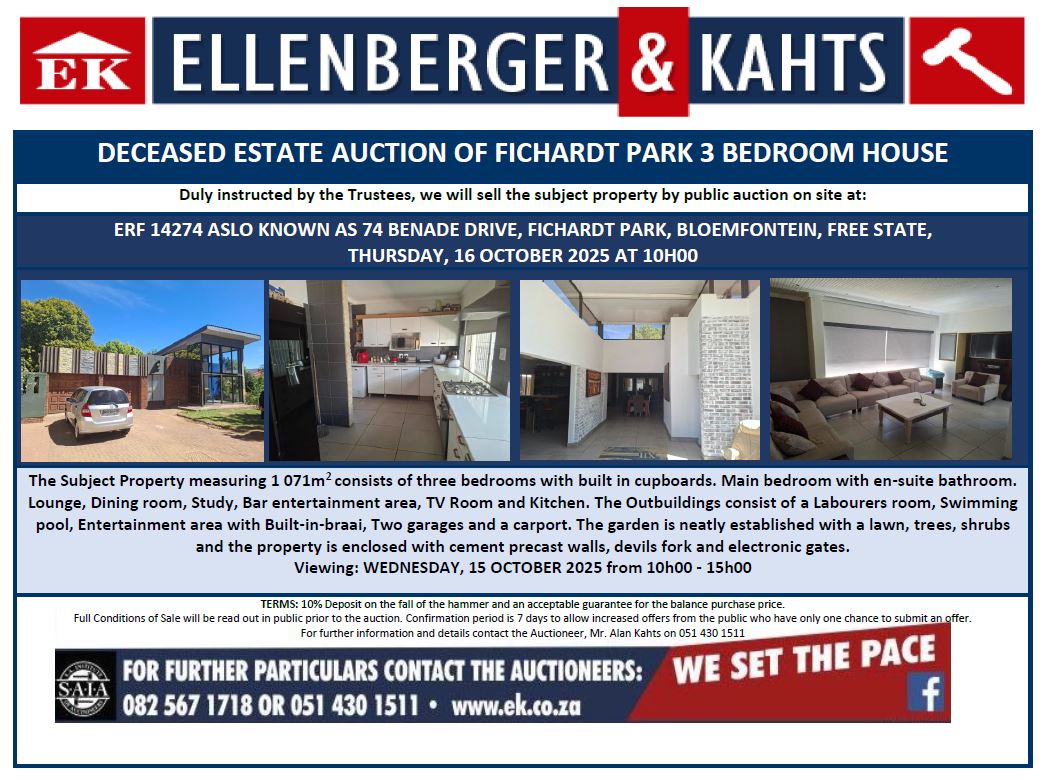 DECEASED ESTATE AUCTION OF FICHARDT PARK 3 BEDROOM HOUSE